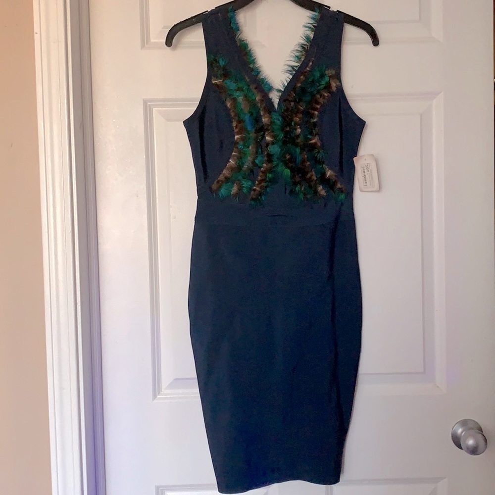 Navy peacock cocktail dress